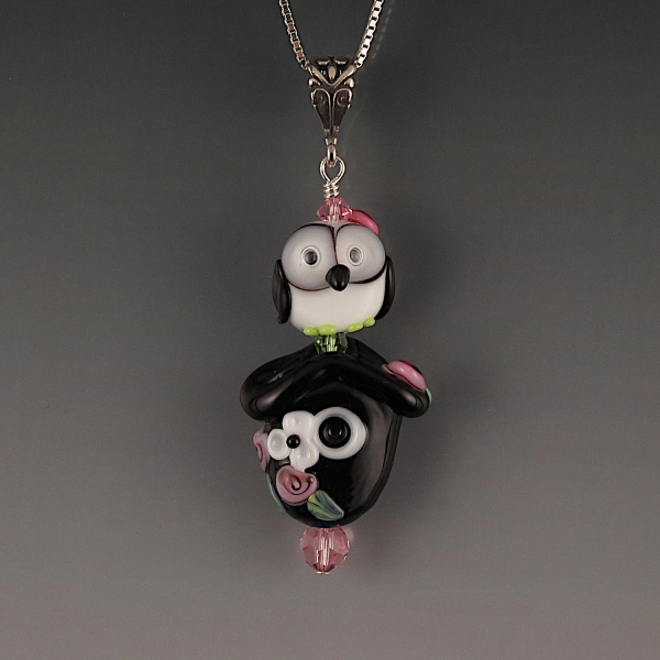 Artisan Lampwork Owl on Birdhouse Pendant Sterling Silver