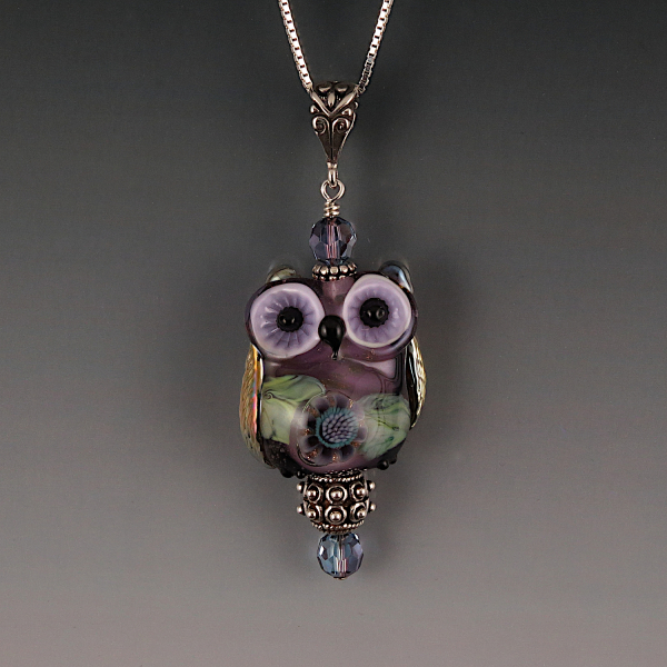 Lampwork Owl Pendant Sterling Silver VIOLET