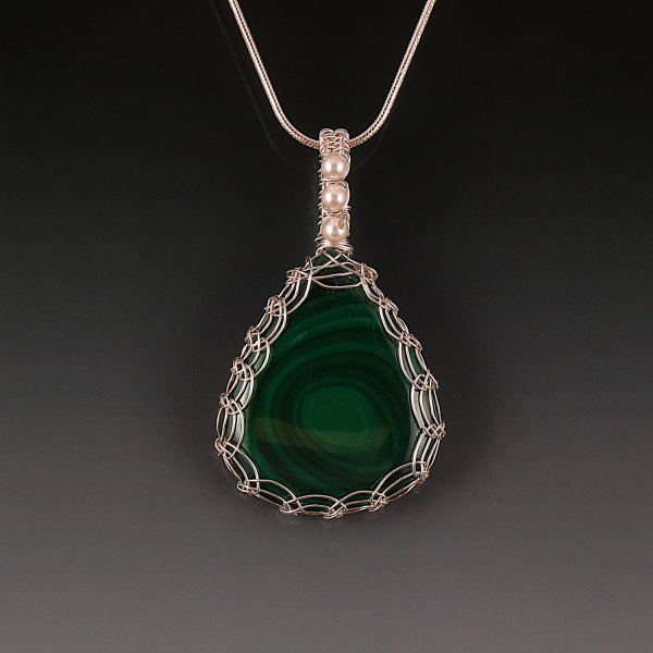 Malachite Pendant Necklace Sterling Silver Viking Knit Wire Wrapped