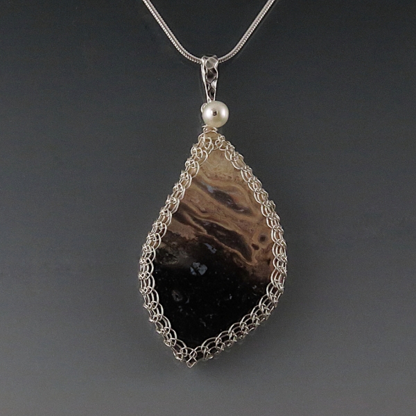 Petrified Palm Wood Pendant Necklace Sterling Silver Viking Knit Wire Wrapped