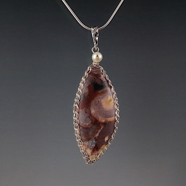 Bird's Eye Rhyolite Pendant Necklace Sterling Silver Viking Knit Wire Wrapped