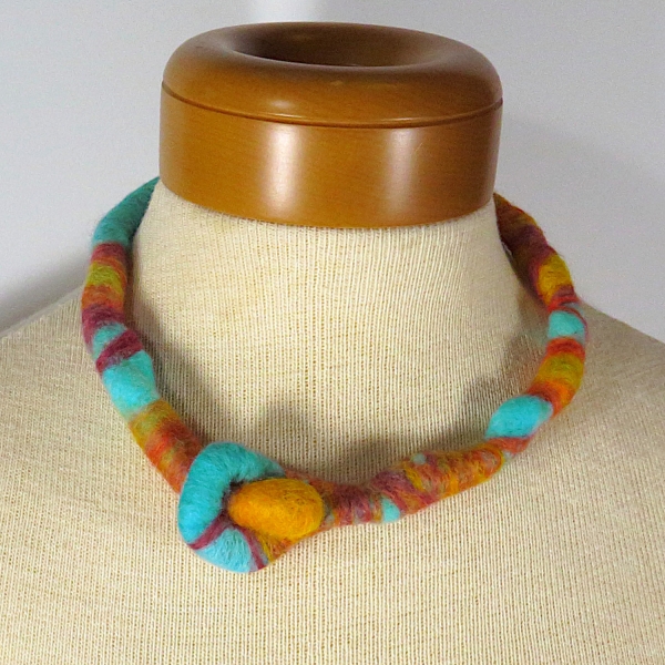 Felted Wool Necklace- Aqua Blue, Orange - Koi Pond