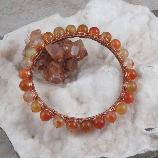 Carnelian Agate Copper Wire Wrapped Bangle Bracelet