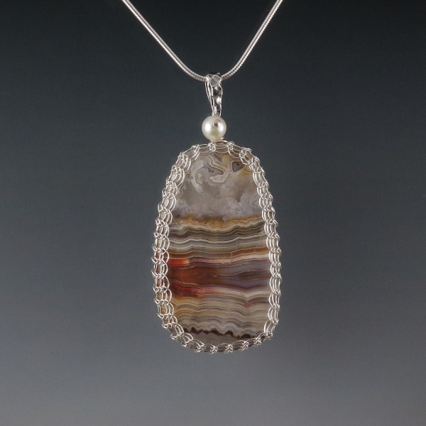 Crazy Lace Agate Pendant Necklace Sterling Silver Viking Knit Wire Wrapped