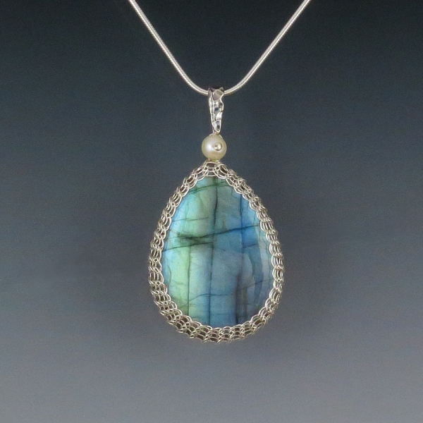 Labradorite Pendant Necklace Sterling Silver Viking Knit Wire Wrapped