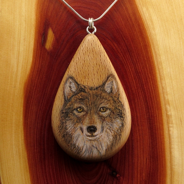 Wolf on Beechnut Wood Pendant