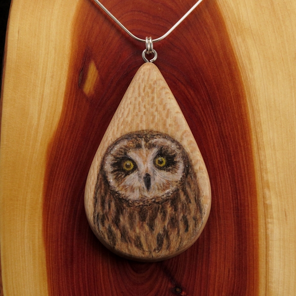 Short Eared Owl on Quarter Sawn Ash Wood Pendant