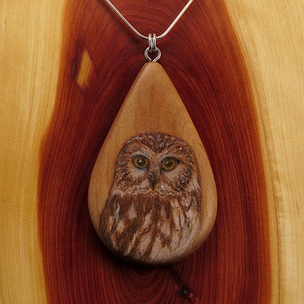 Saw Whet Owl on Apple Wood Pendant