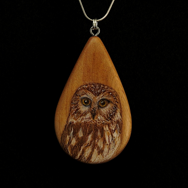 Saw Whet Owl on Apple Wood Pendant
