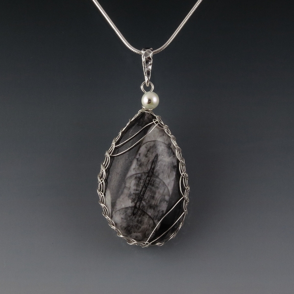 Orthoceras Fossil Pendant Necklace Sterling Silver Viking Knit Wire Wrapped
