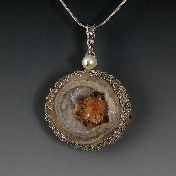 Chalcedony Druzy Rosette Pendant Necklace Sterling Silver Viking Knit Wire Wrapp