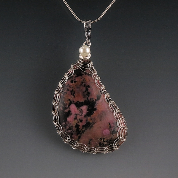 Rhodonite Pendant Necklace Sterling Silver Viking Knit Wire Wrapped