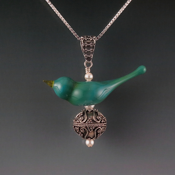 Song Bird Pendant Artisan Lampwork Bali Silver