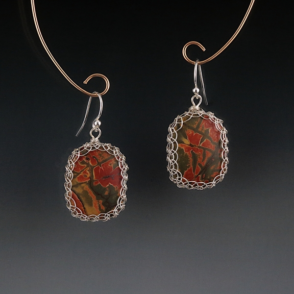 Cherry Creek Jasper Earrings Sterling Silver Viking Knit Wire Wrapped