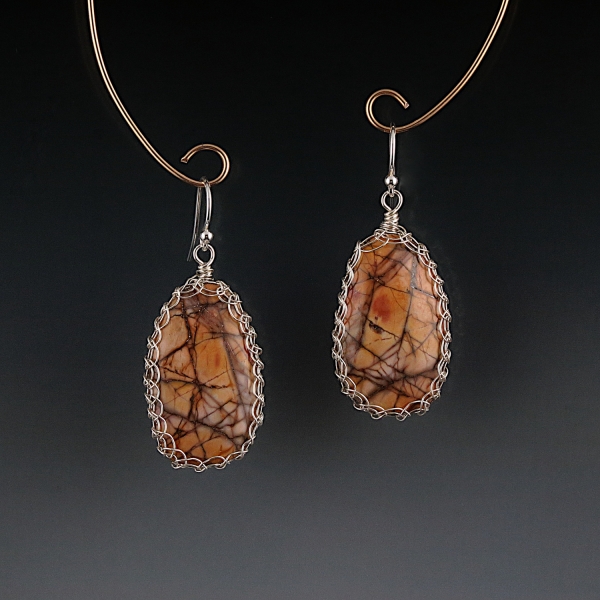 Cherry Creek Jasper Earrings Sterling Silver Viking Knit Wire Wrapped