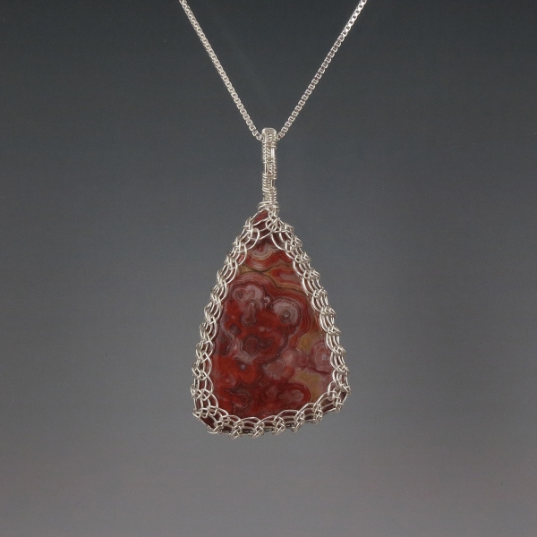 Crazy Lace Agate Pendant Necklace Sterling Silver Viking Knit Wire Wrapped