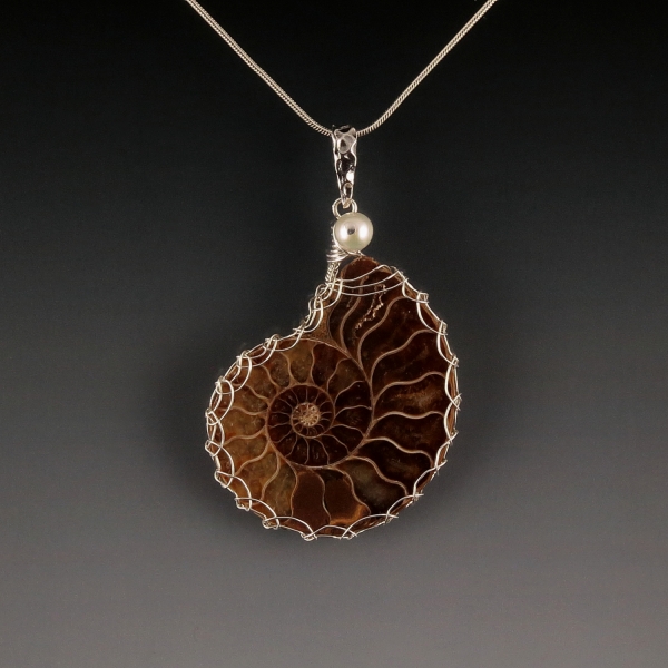 Ammonite Fossil Pendant Necklace Sterling Silver Viking Knit Wire Wrapped