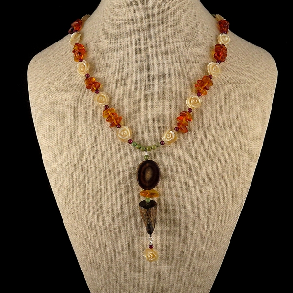 Antler, Baltic Amber and Mother of Pearl Necklace