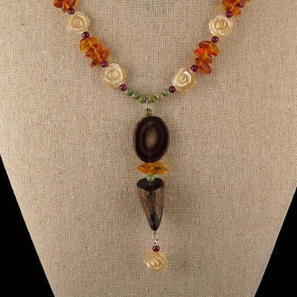 Antler, Baltic Amber and Mother of Pearl Necklace