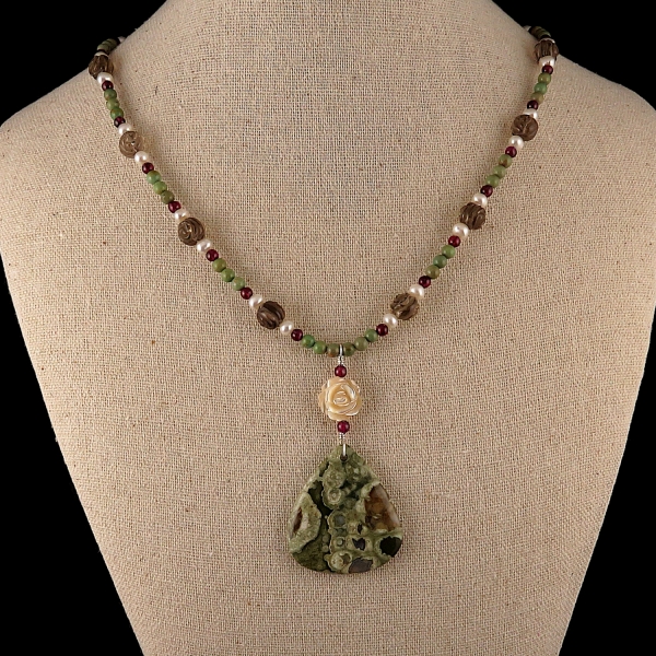 Rainforest Jasper Necklace, Smokey Quartz, Turquoise, Garnet, Pearl