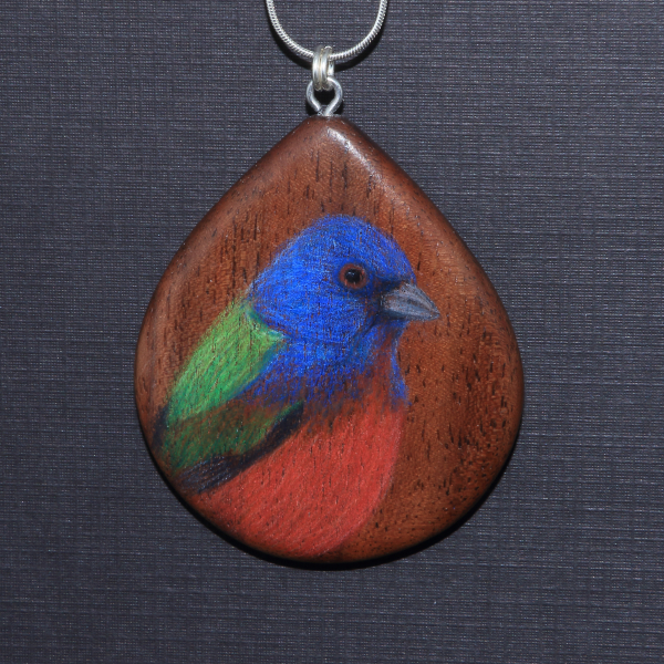 Painted Bunting on Walnut Wood Pendant