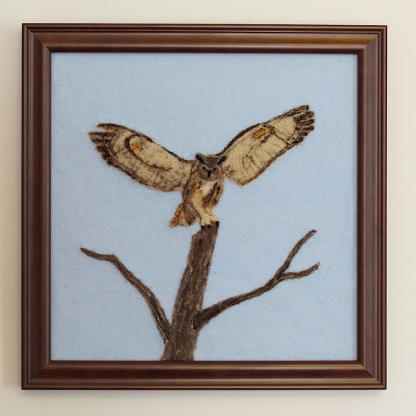 Great Horned Owl Needle Felted Wool Painting