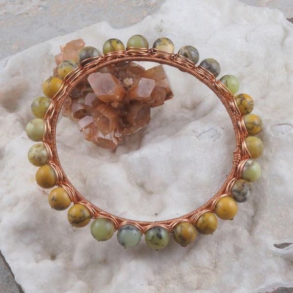 Yellow Moss Agate Copper Wire Wrapped Bangle Bracelet