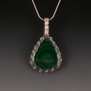 Malachite Pendant Necklace Sterling Silver Viking Knit Wire Wrapped Malachite Pendant Necklace Sterling Silver Viking Knit Wire Wrapped