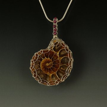 Ammonite Fossil Pendant Necklace Sterling Silver Viking Knit Wire Wrapped