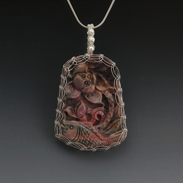 Carved Rhodonite Pendant Necklace Sterling Silver Viking Knit Wire Wrapped