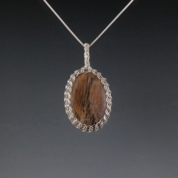 Petrified Wood Pendant Necklace Sterling Silver Viking Knit Wire Wrapped