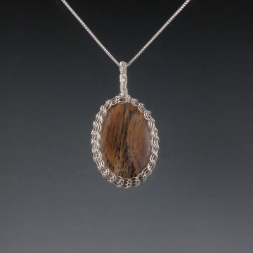 Petrified Wood Pendant Necklace Sterling Silver Viking Knit Wire Wrapped Petrified Wood Pendant Necklace Sterling Silver Viking Knit Wire Wrapped