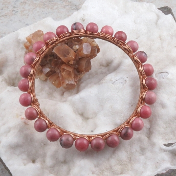 Rhodonite Copper Wire Wrapped Bangle Bracelet