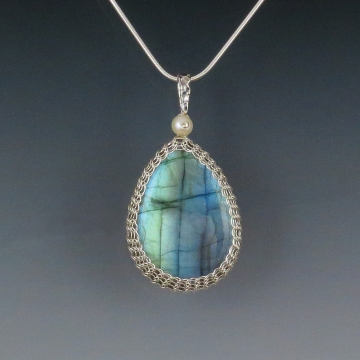 Labradorite Pendant Necklace Sterling Silver Viking Knit Wire Wrapped