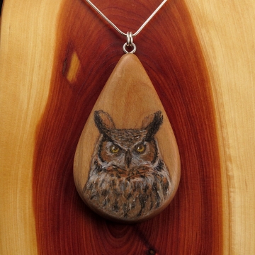 Great Horned Owl on Apple Wood Pendant