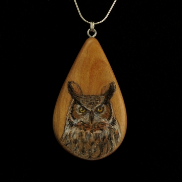 Great Horned Owl on Apple Wood Pendant