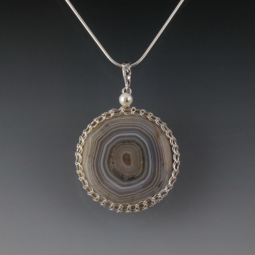 Black River Agate Pendant Necklace Sterling Silver Viking Knit Wire Wrapped