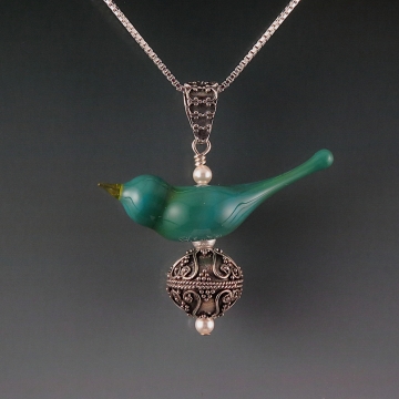 Song Bird Pendant Artisan Lampwork Bali Silver Song Bird Pendant Artisan Lampwork Bali Silver