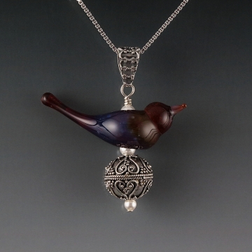 Song Bird Pendant Artisan Lampwork Bali Silver