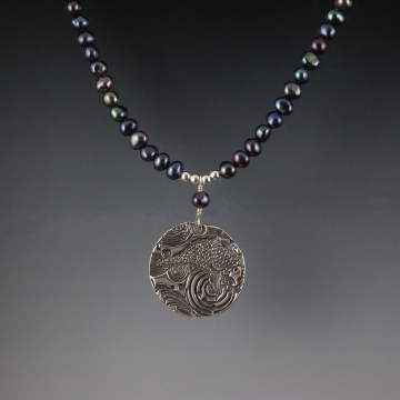 Koi Pond and Ocean Waves Sterling Silver Freshwater Pearl 2 Sided Necklace