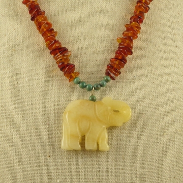 Elephant Necklace Amber Turquoise Aragonite Sterling Silver