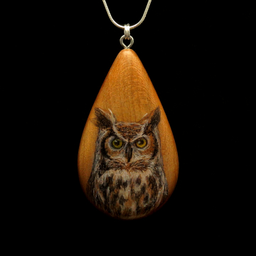 Great Horned Owl on Cherry Wood Pendant