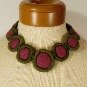 Felted Wool Choker Necklace - Pink, Green - Watermelon