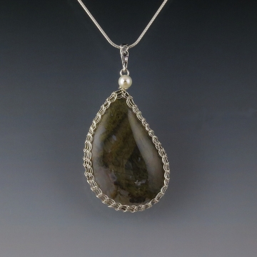 Green Moss Agate Pendant Necklace Sterling Silver Viking Knit Wire Wrapped
