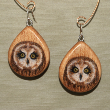Short Eared Owl on Quarter Sawn Beechnut Wood Earrings